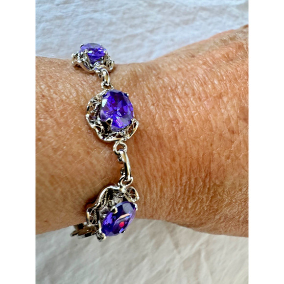 Purple Amethyst CZ Sterling Silver 925 Tennis Bracelet 7.25" Brilliant Stones - Picture 1 of 7